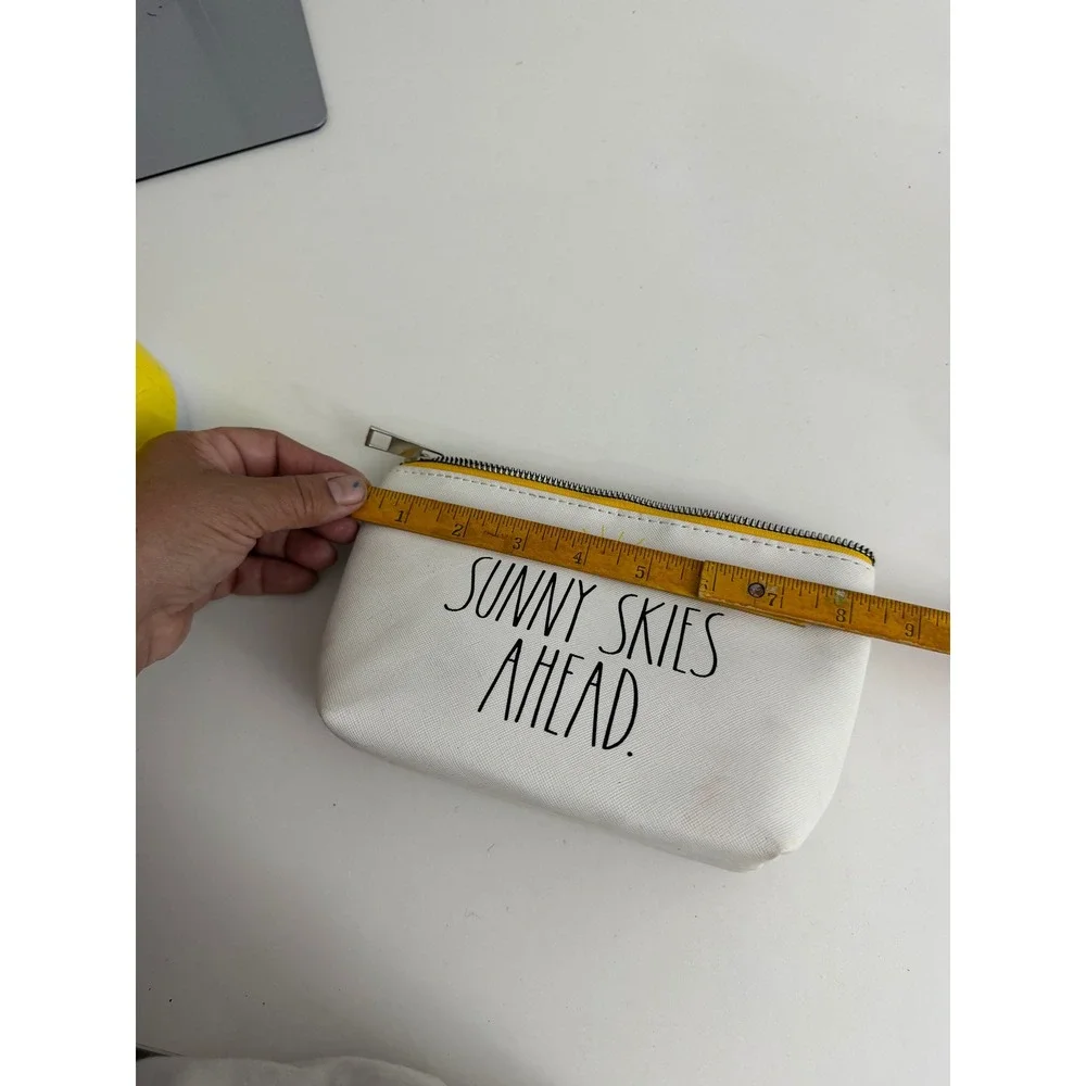 Rae Dunn Sunny Skies Ahead Makeup Bag White Yellow Zipper Pouch Cosmetic Travel